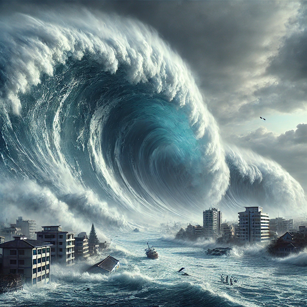 Massive tsunami wave crashing toward a coastal city.